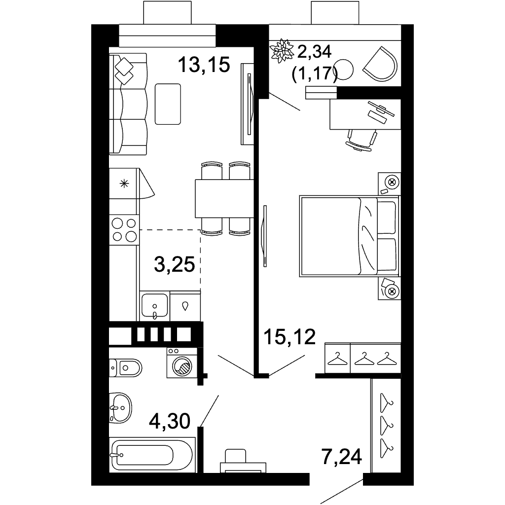 Планировка 1-комнатной квартиры 44,30 м²